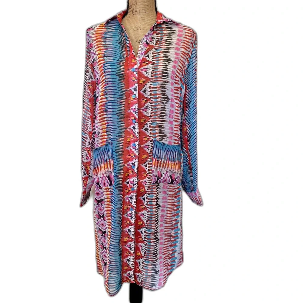 Turquoise Haven Swim Coverup Multicolor Abstract Printed Button Down Size S/M - Picture 1 of 5